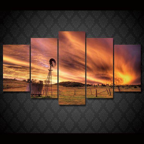 Sunset Landscape Farm Windmill – Abstract Canvas Wall Art