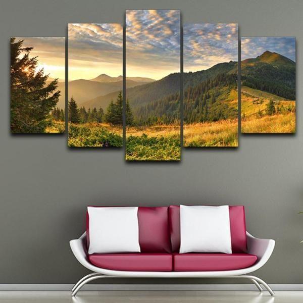 Sunset Mountain Clouds Green Nature Landscape – Nature Canvas Wall Art