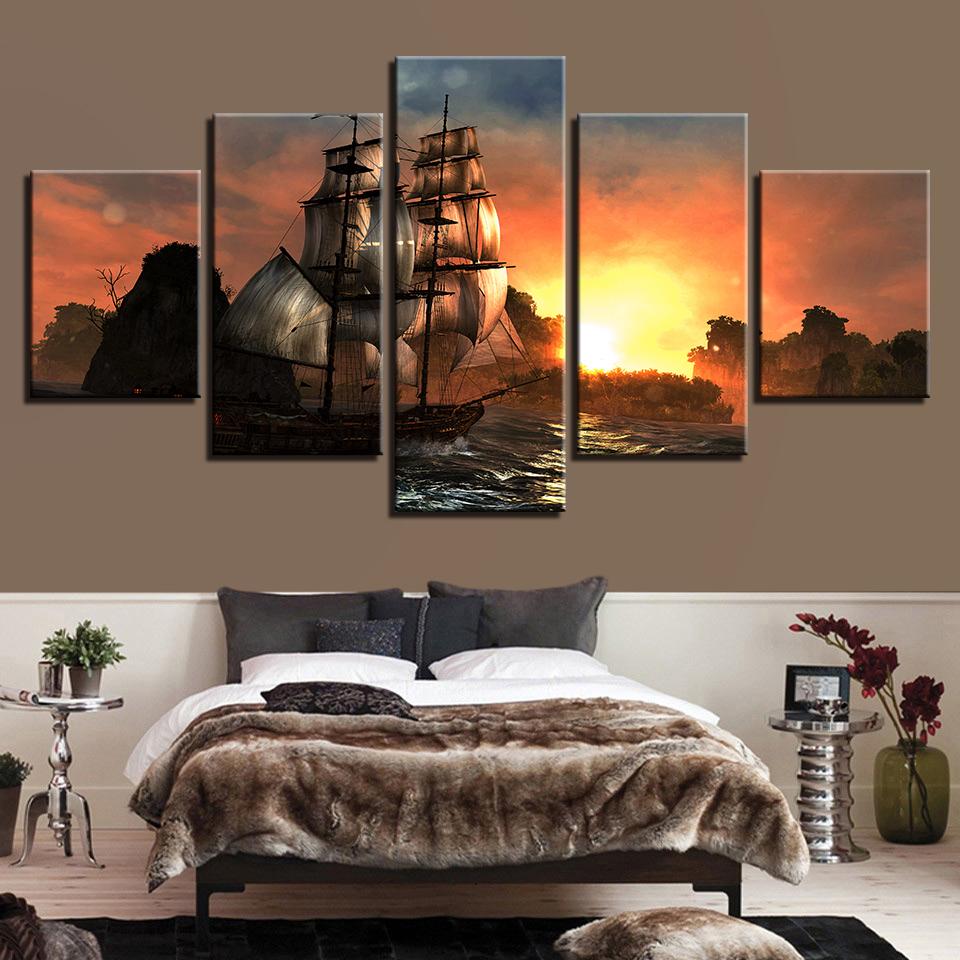 Sunset Mountain Retro Sailing Boat – Space Canvas Wall Art