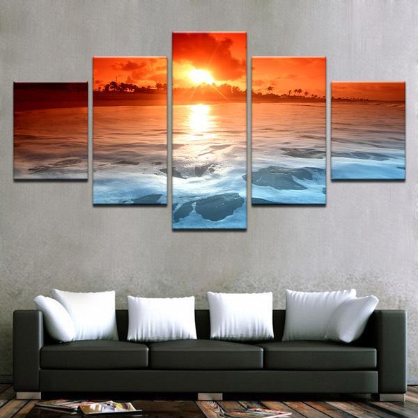 Sunset Ocean Beach Sea Waves Seascape – Ocean Canvas Wall Art