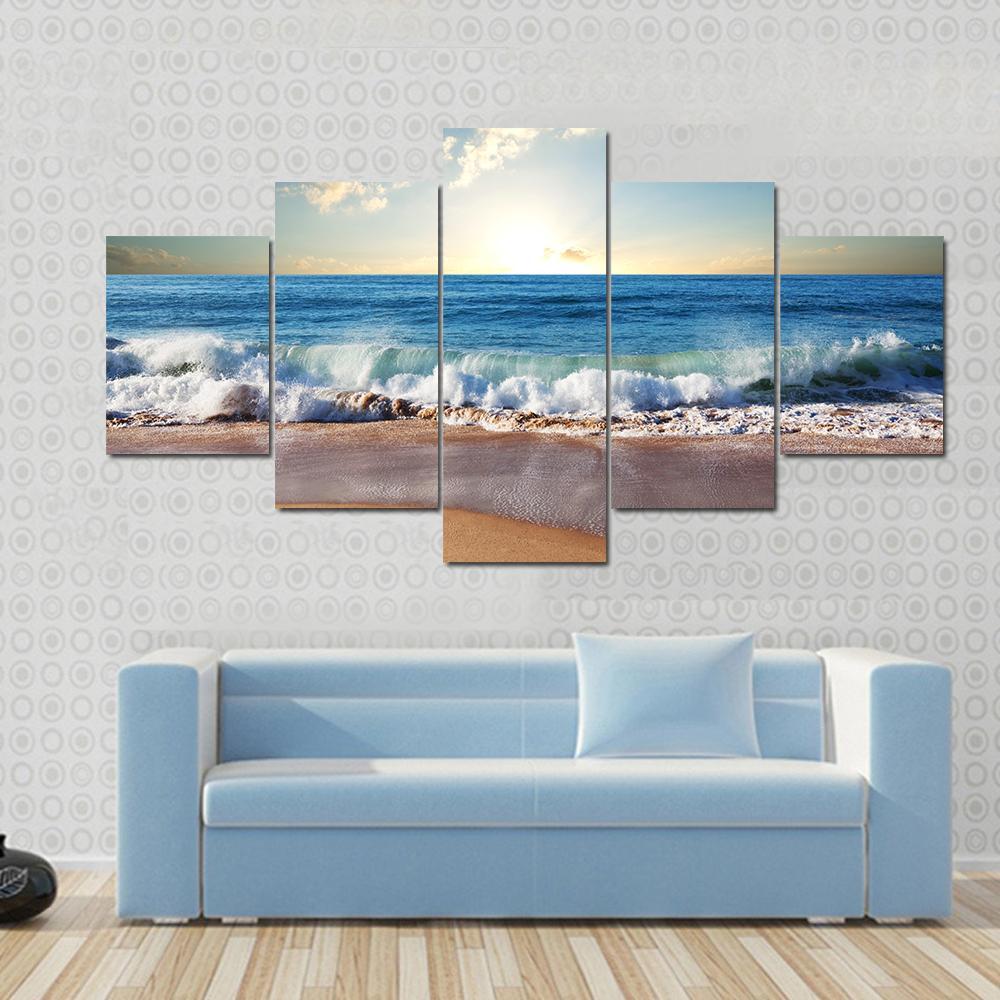 Sunset On Beach With Strong Ocean Waves – Nature Canvas Wall Art