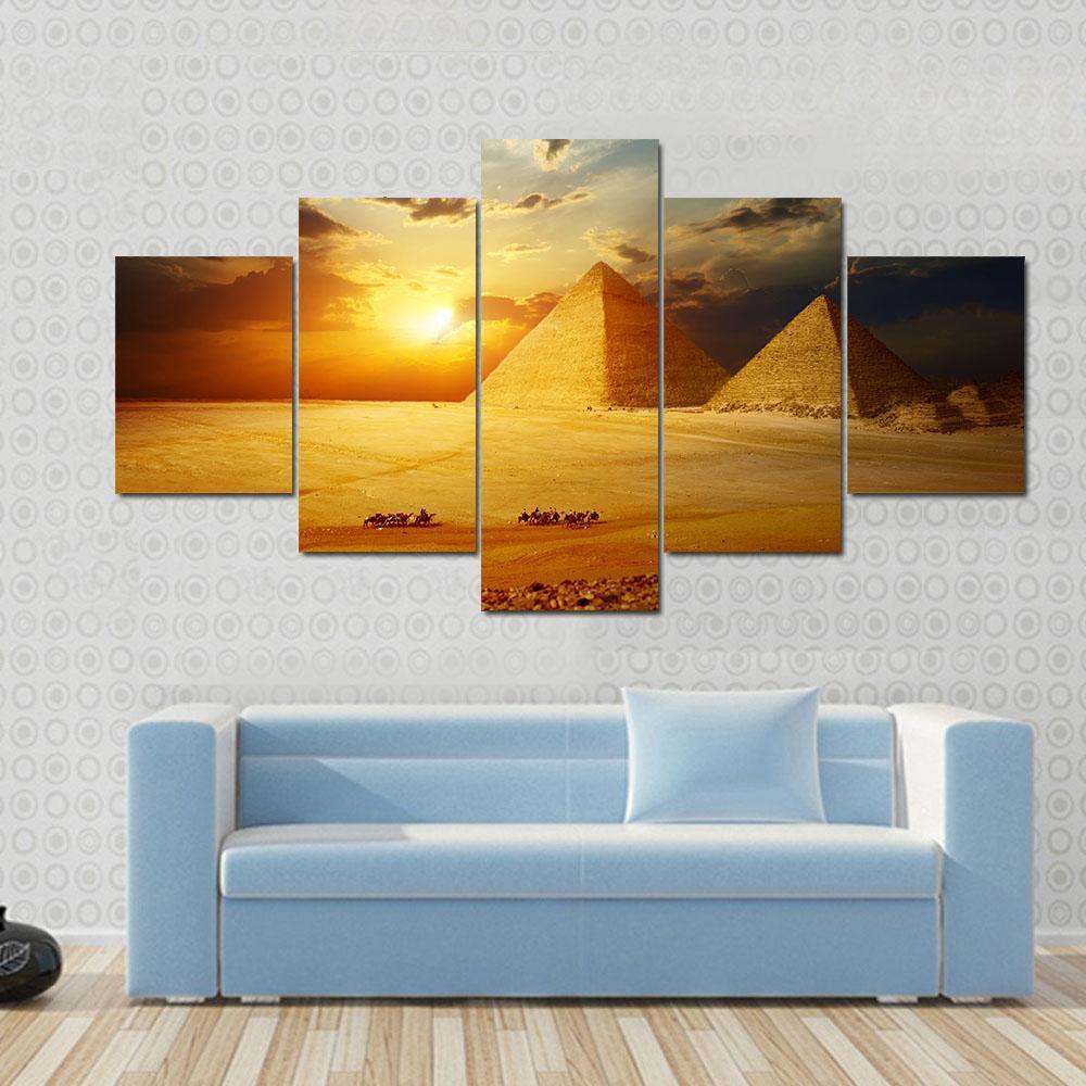 Sunset On Egyptian Pyramids Under Dark Clouds – Nature Canvas Wall Art