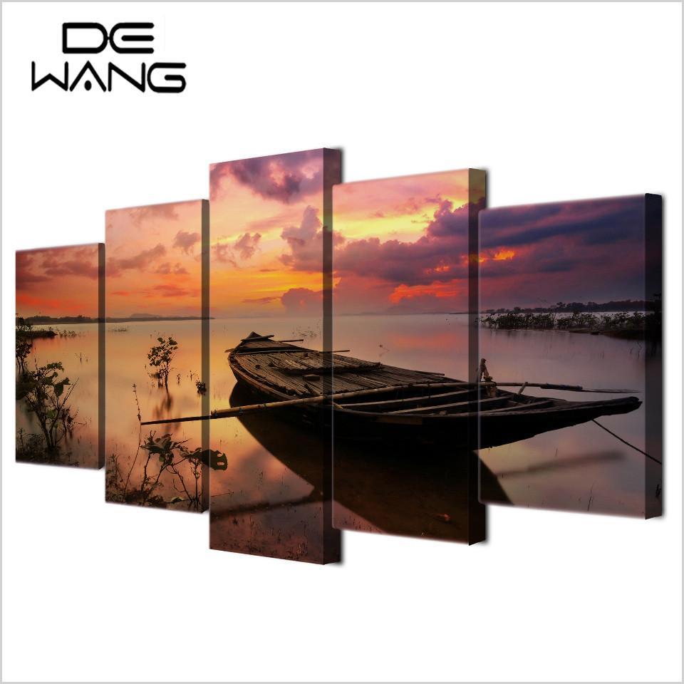 Sunset Or Boat And Lake – Nature Canvas Wall Art