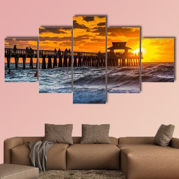Sunset Over The Fishing Pier And Gulf Of Mexico In Naples – Nature Canvas Wall Art