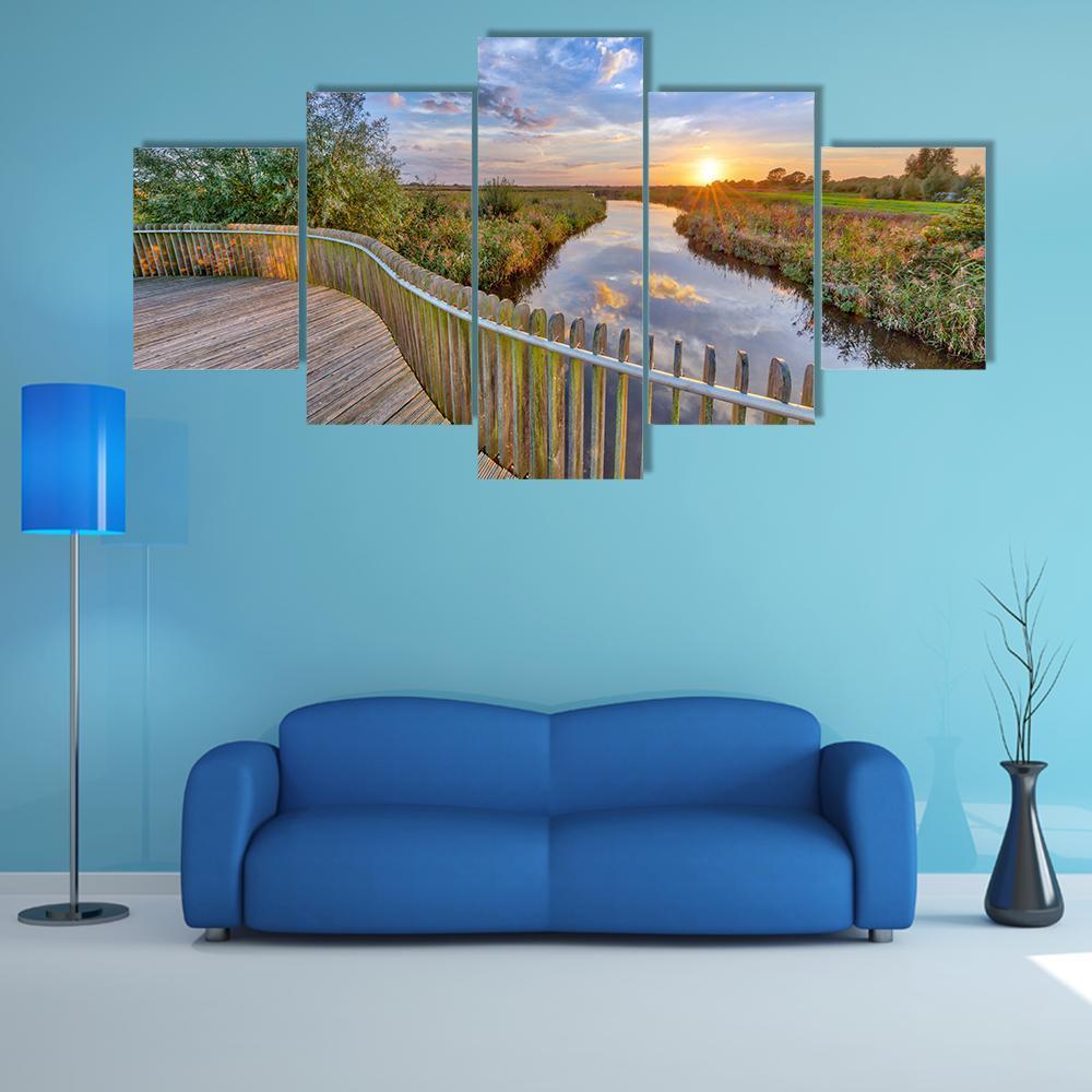 Sunset Over Wooden Balustrade Balcony On Bridge – Nature Canvas Wall Art