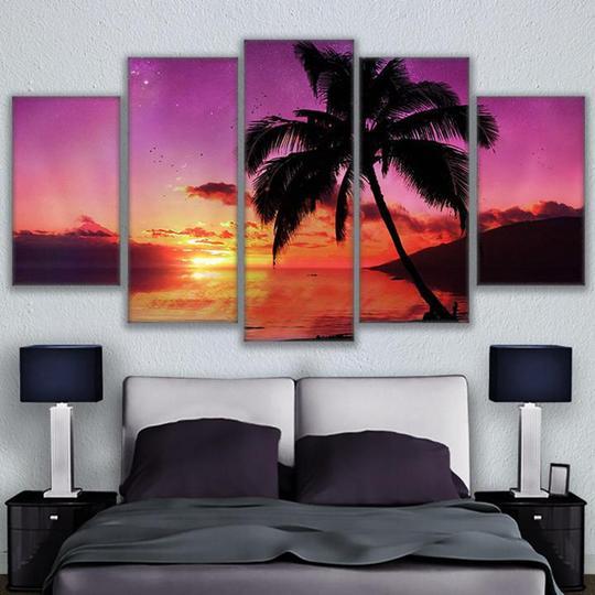 Sunset Palm Tree On The Beach – Space Canvas Wall Art