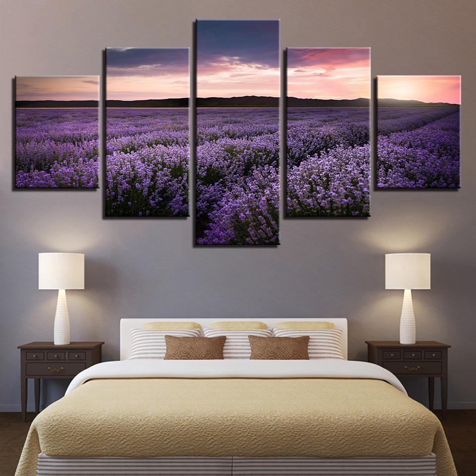 Sunset Purple Lavender Field Flowers – Nature Canvas Wall Art