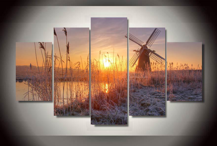 Sunset Reeds Windmill – Nature Canvas Wall Art