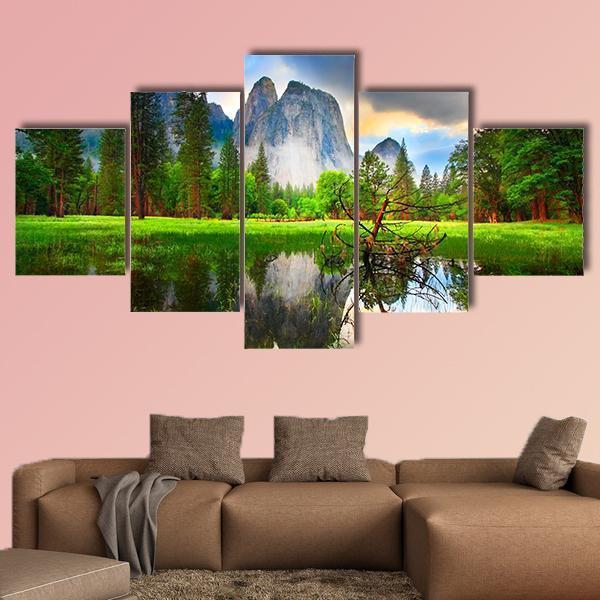 Sunset Reflections At Yosemite’S Cathedral Rocks 1 – Nature Canvas Wall Art