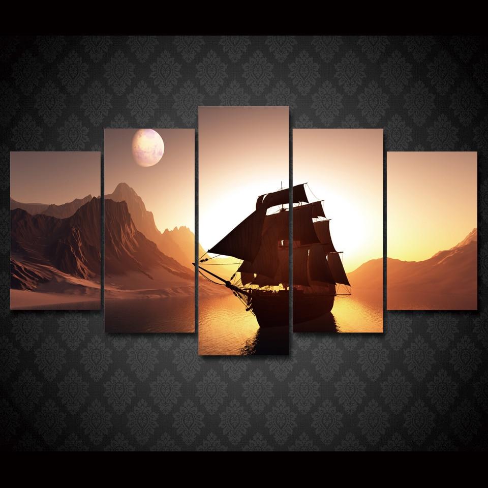 Sunset Sailing Ship In The Sea – Nature Canvas Wall Art