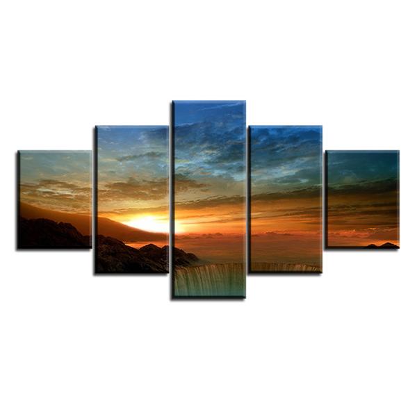 Sunset &Amp; Sunrise At Waterfall – Nature Canvas Wall Art