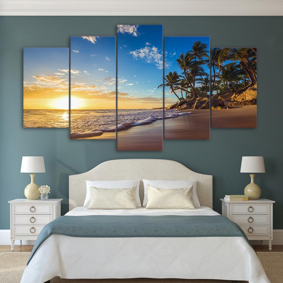 Sunset Tropical Beach Palm Tree Seascape – Nature Canvas Wall Art