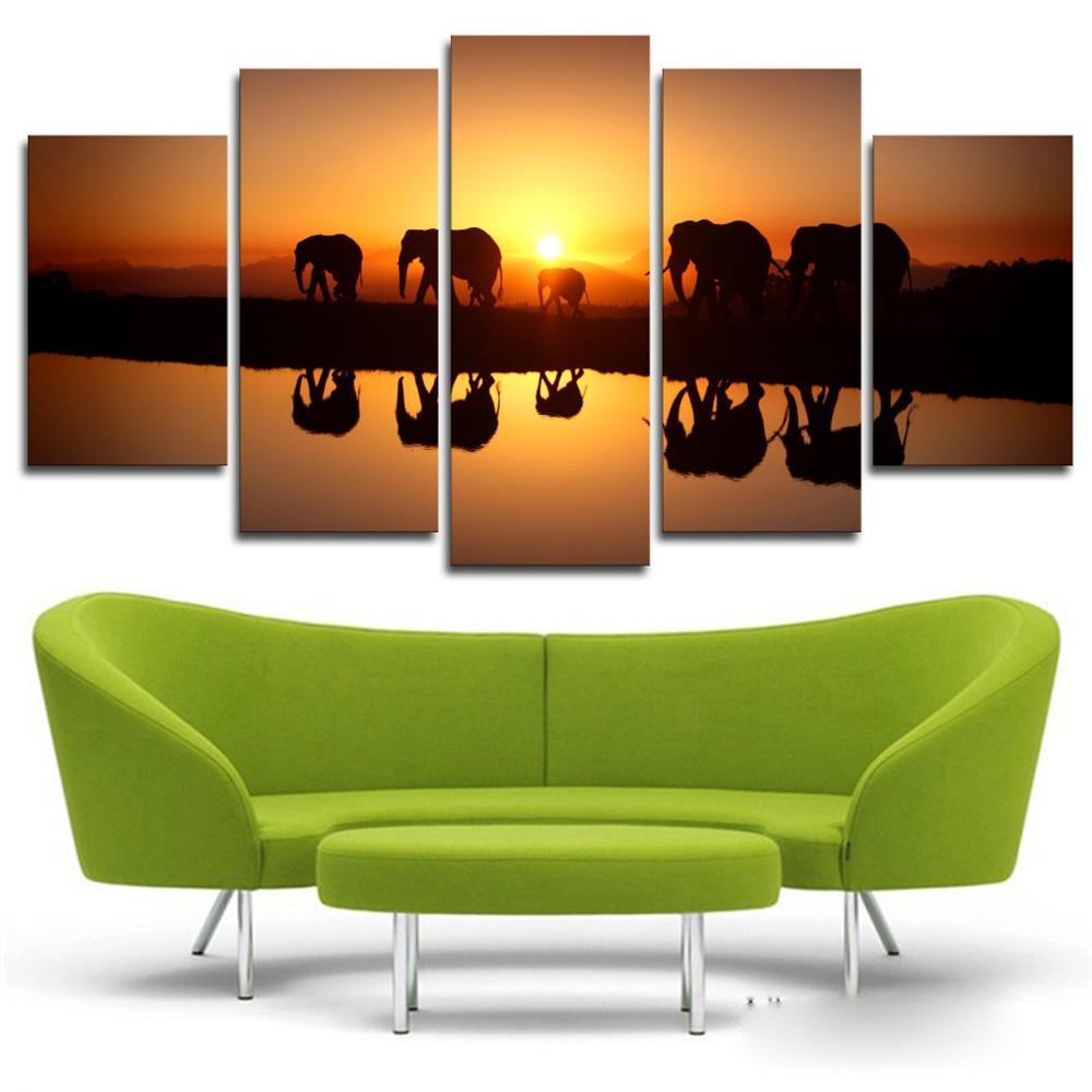 Sunset Walking Elephants Animal Lake – Animal Canvas Wall Art