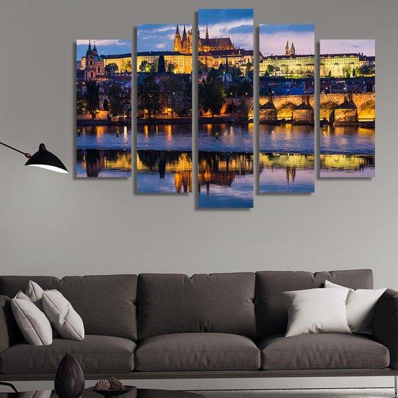 Sunset With Reflection On Vltava River – Nature Canvas Wall Art