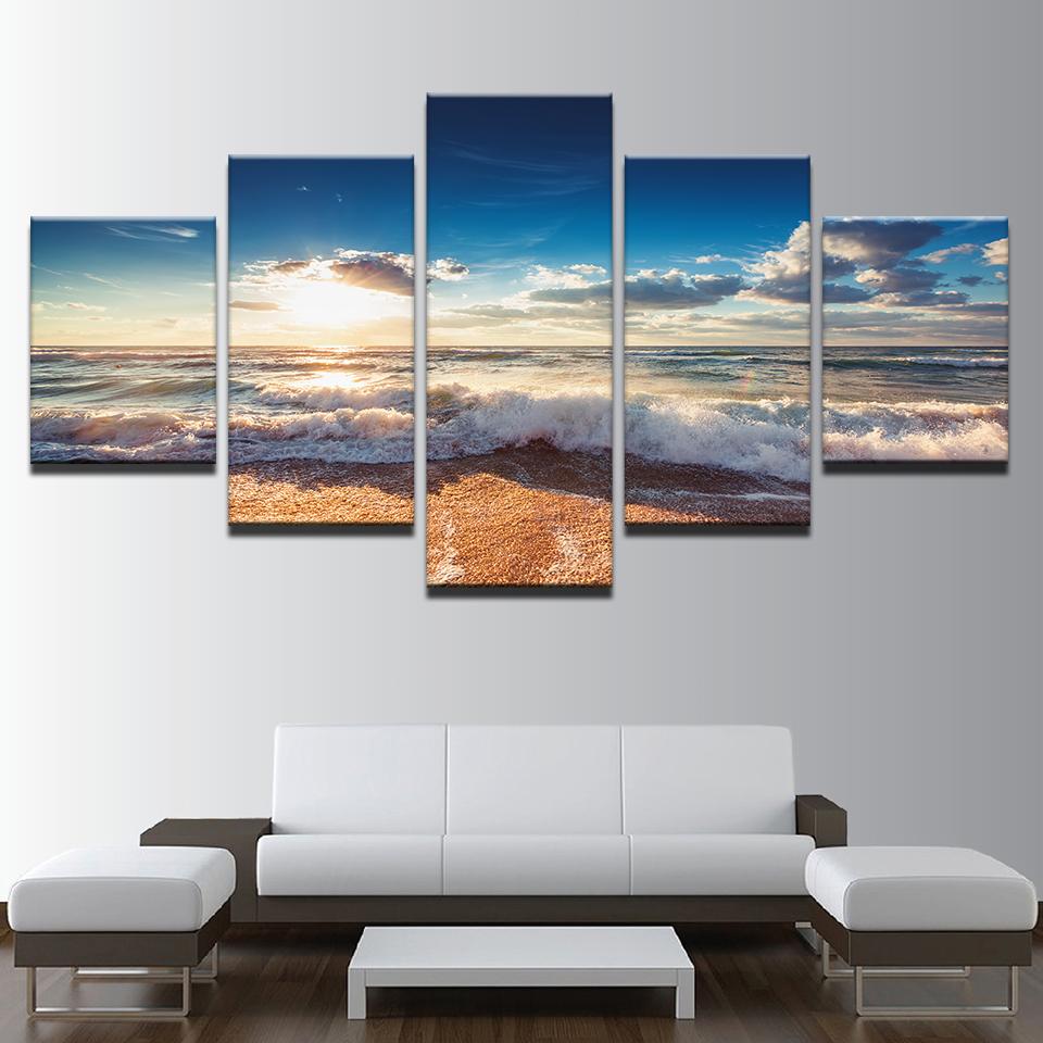 Sunshine Beach Sea Waves Seascape Blue Sky – Nature Canvas Wall Art