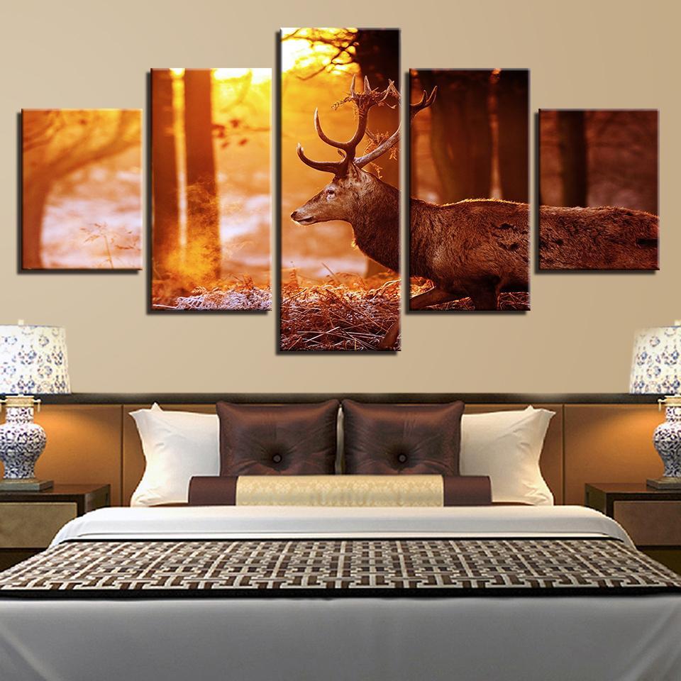 Sunshine Forest In Winter Deer – Animal Canvas Wall Art