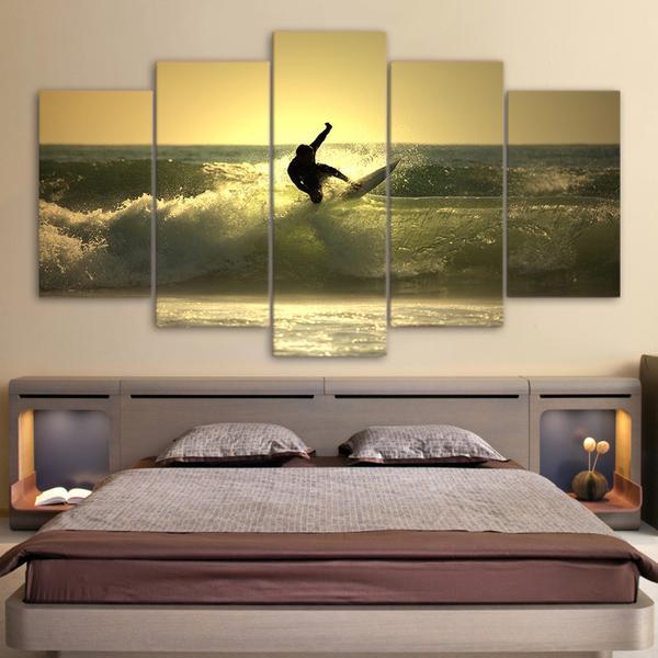 Surfer Surfing On Ocean Wave At Sunset – Sport Canvas Wall Art