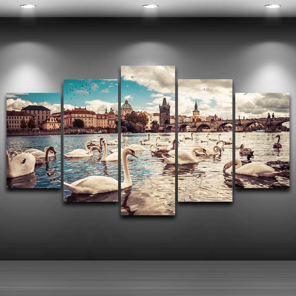 Swans Lake City Building – Animal Canvas Wall Art