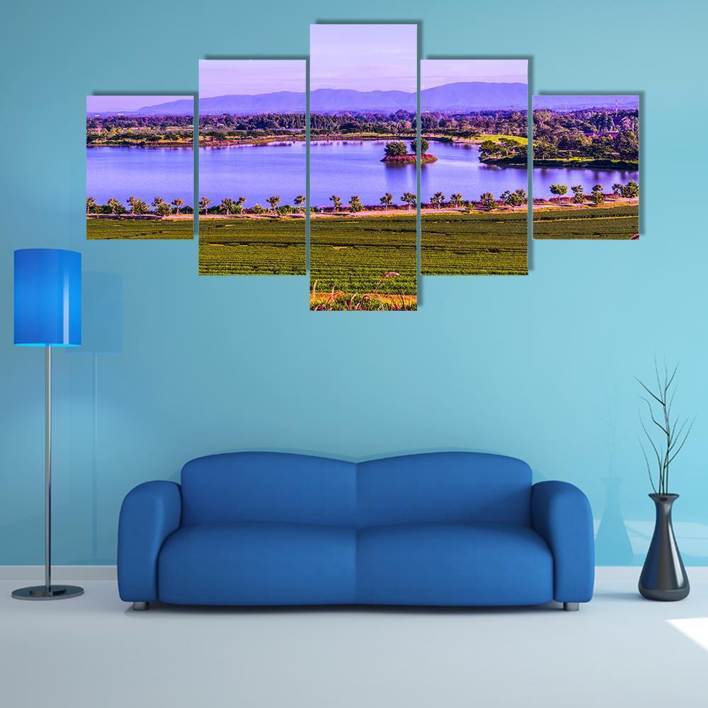 Tea Plantation With Lake In Thailand – Nature Canvas Wall Art