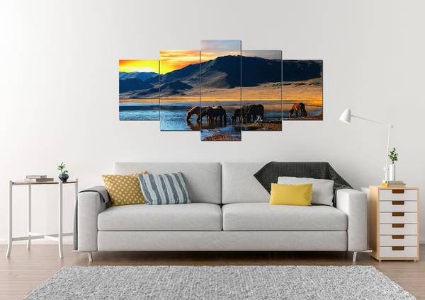 Team Of Horses Grazing &Amp; Watering – Animal Canvas Wall Art