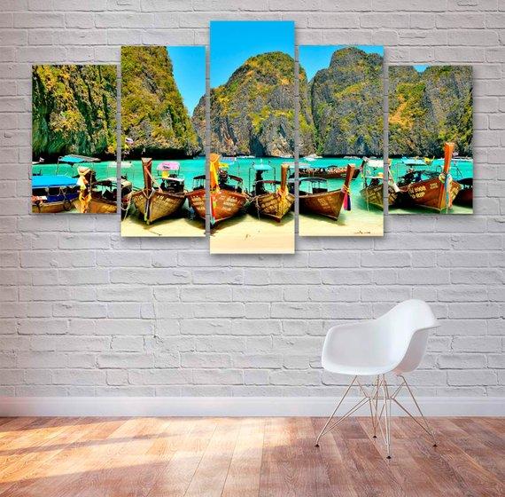 Thailand Tropical Beach And Boats – Nature Canvas Wall Art