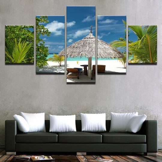 Thatched Umbrella On Secluded Tropical Beach – Space Canvas Wall Art