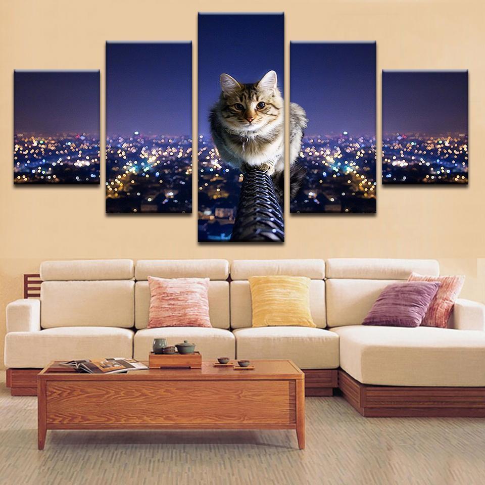 The Cat And The City Night Sky – Animal Canvas Wall Art