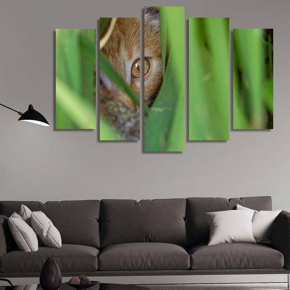 The Cats Eyes Are Behind The Leaf – Animal Canvas Wall Art