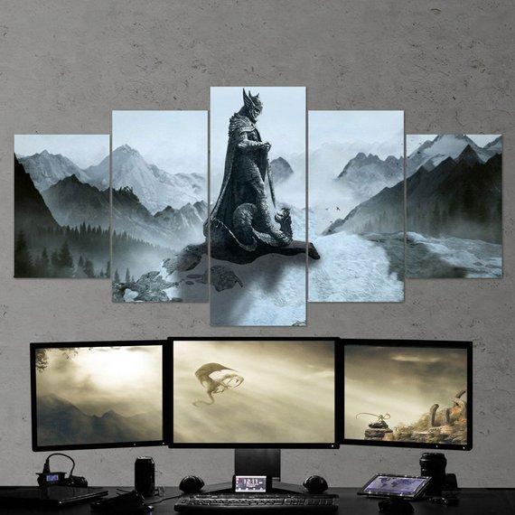 The Elder Scrolls Skyrim Dragon Viking On Mountain Peak Canvas Wall Art