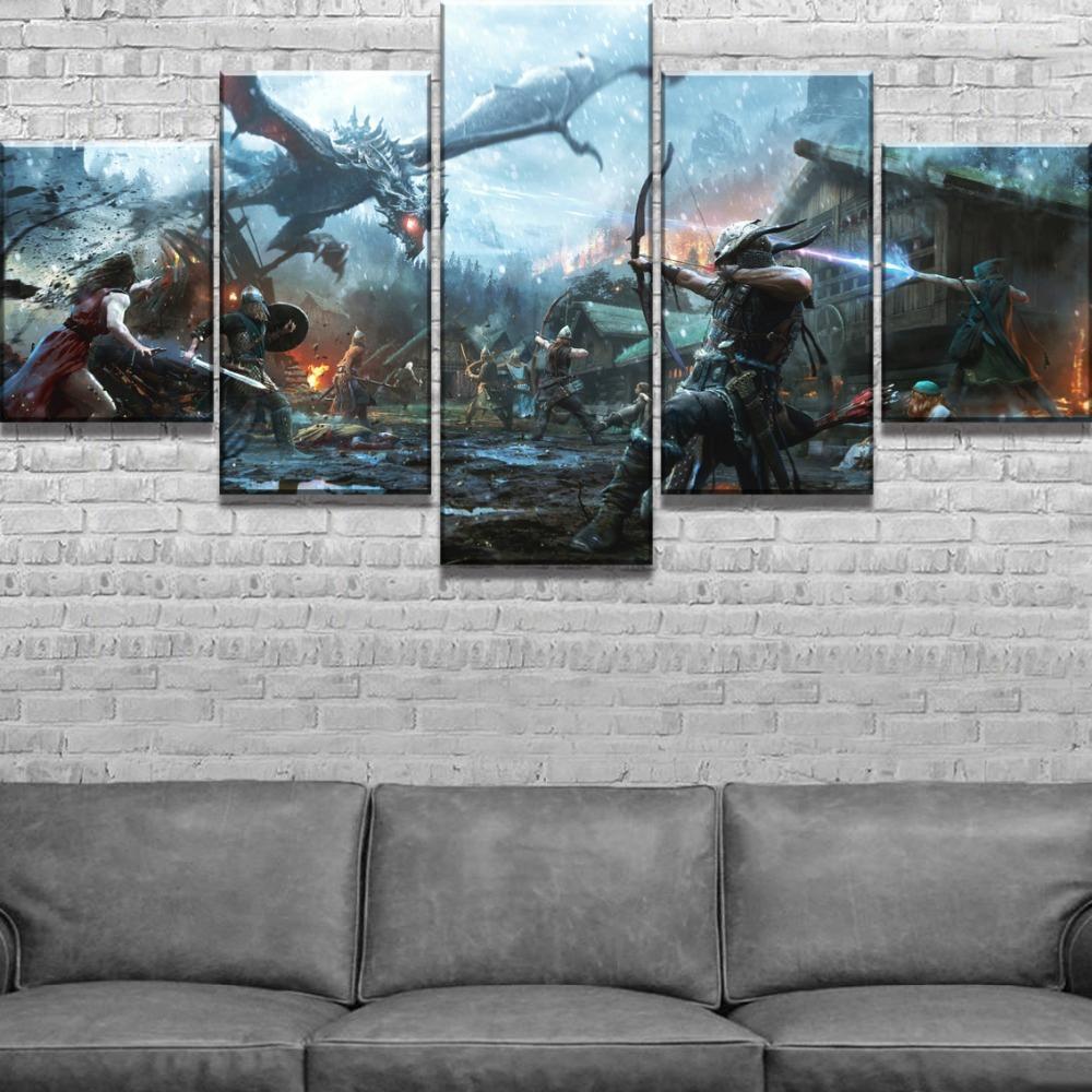The Elder Scrolls V Skyrim Dragon Battle Gaming Canvas Wall Art