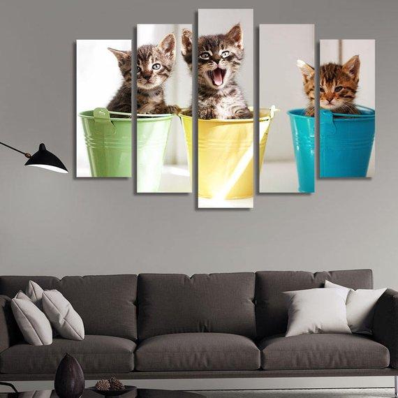 Three Funny Kittens Inside Colorful Pots – Animal Canvas Wall Art