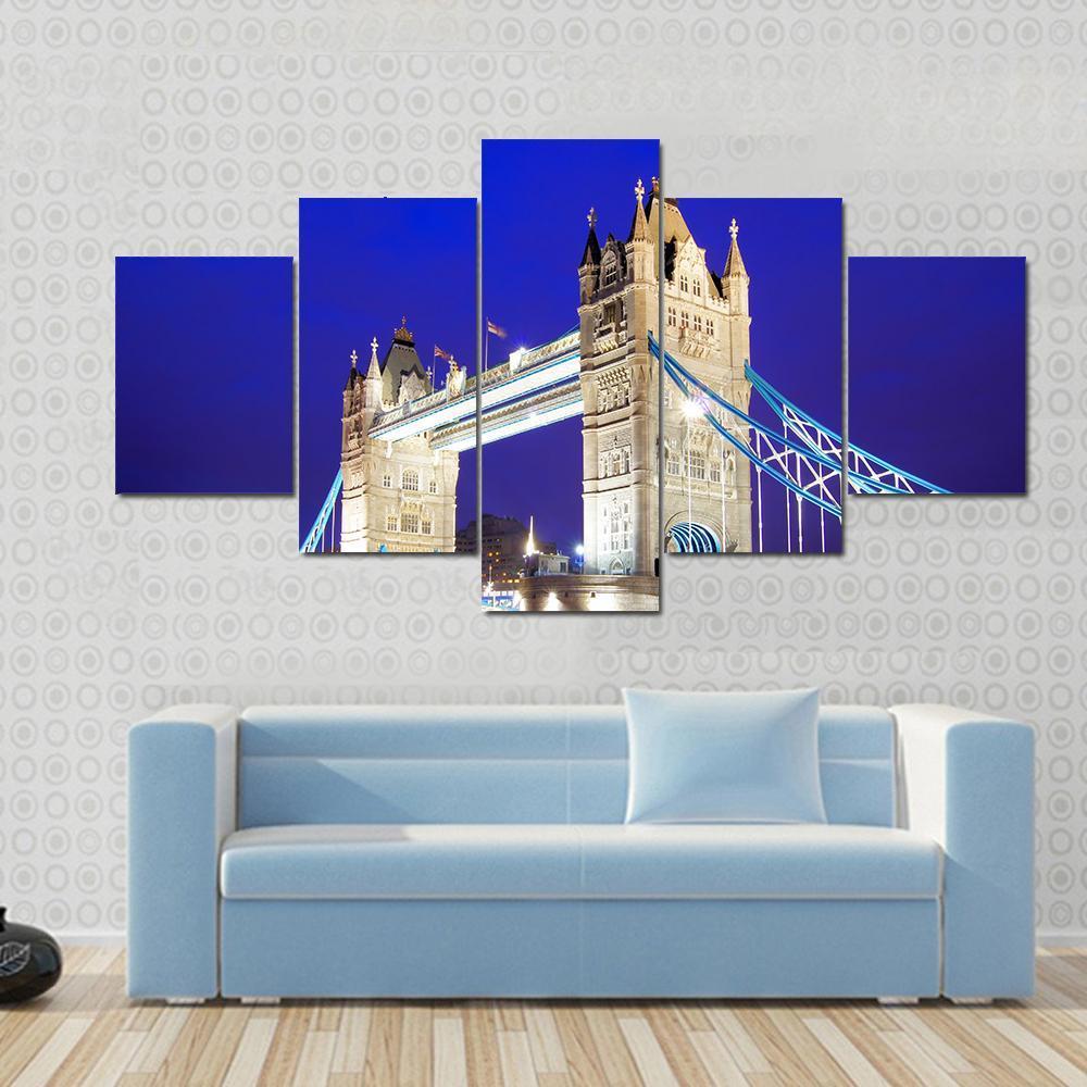 Tower Bridge Of London Lit Up At Night Over The River Thames – Nature Canvas Wall Art