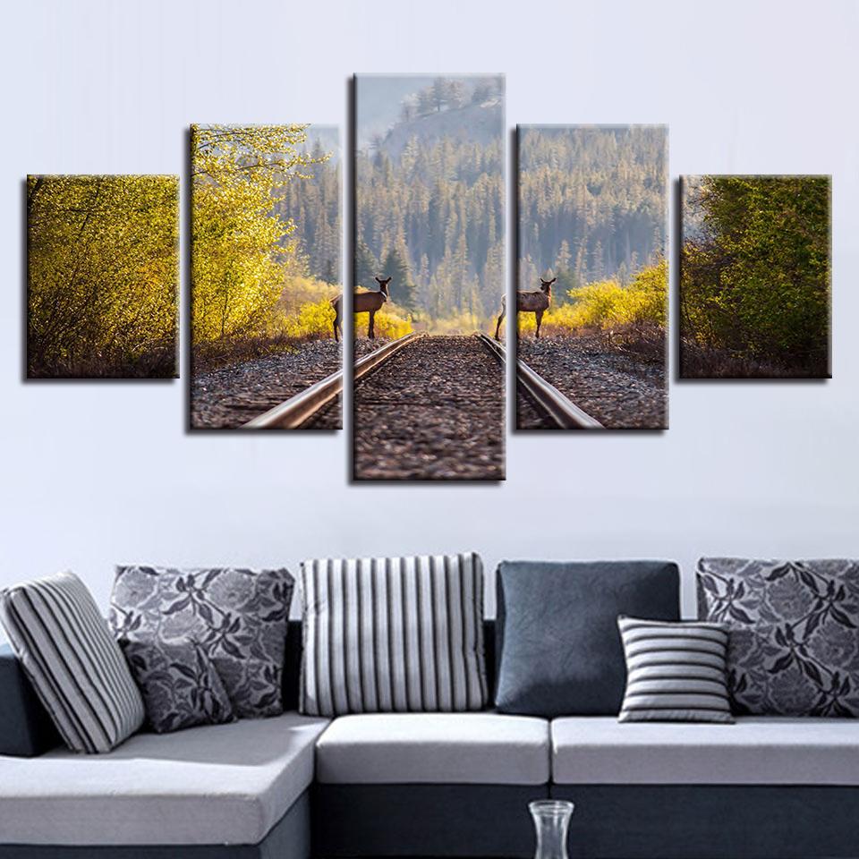 Train Tracks And Animal Deer Scenery – Animal Canvas Wall Art