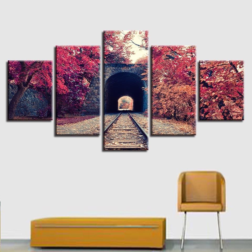 Train Tracks And Autumn Red Tree – Nature Canvas Wall Art