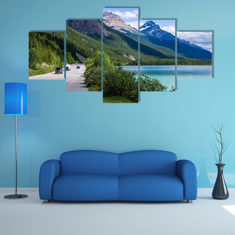 Travelers Along Icefield Parkway With Waterfowl Lake – Nature Canvas Wall Art