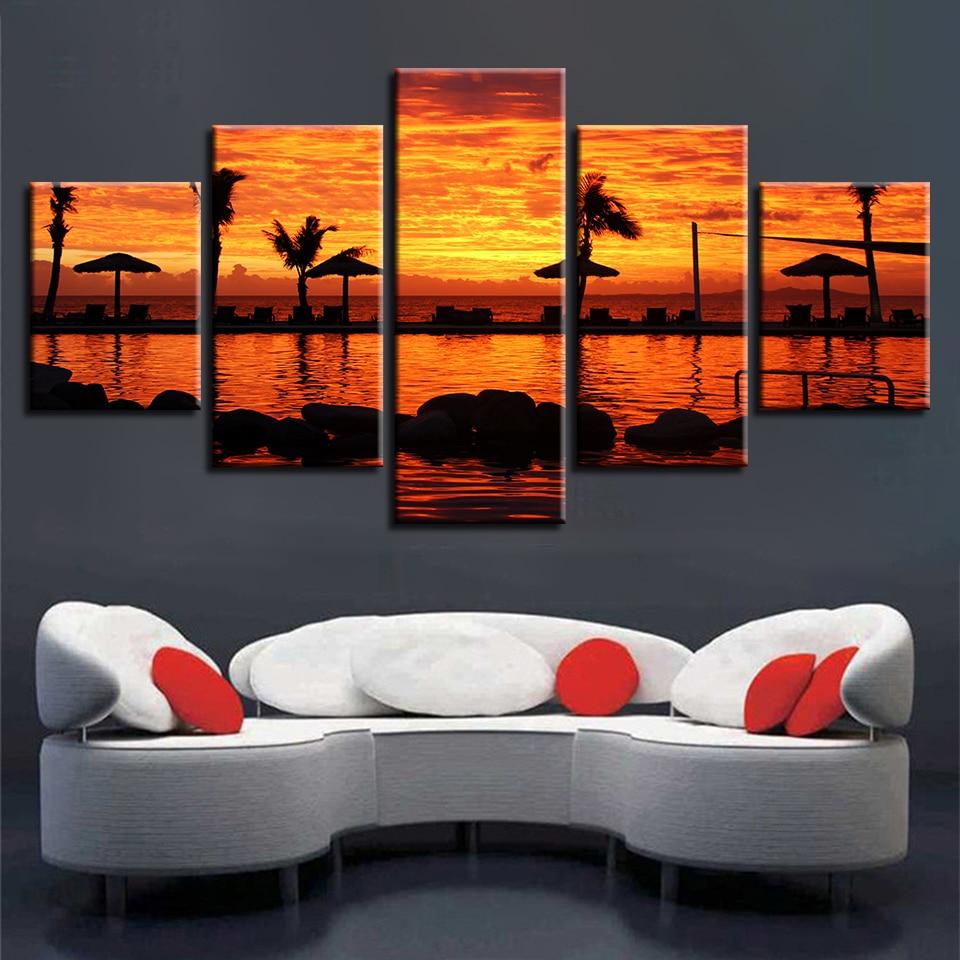 Tree And River Red Sky Sunrise – Nature Canvas Wall Art