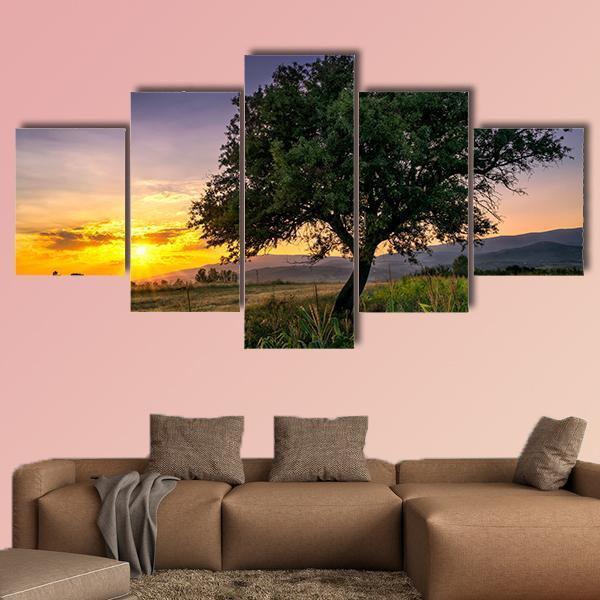 Tree By A Corn Field At Sunset – Nature Canvas Wall Art