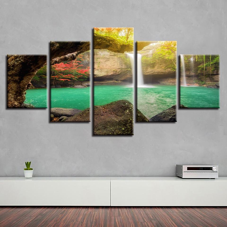 Tree Waterfall Green Lake Sunshine – Nature Canvas Wall Art