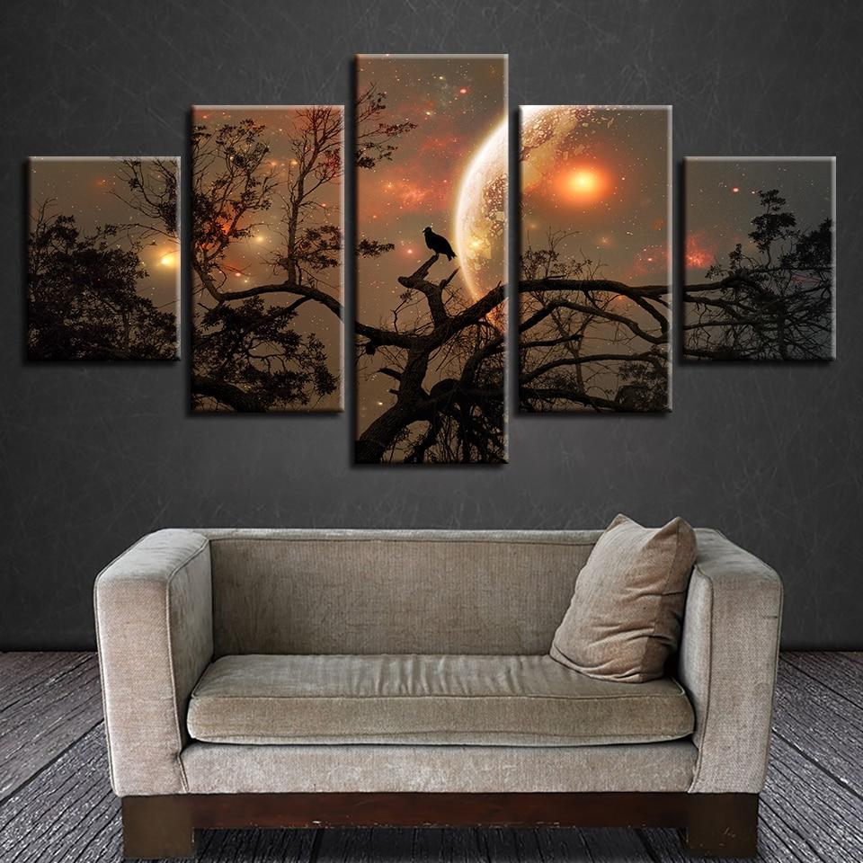 Trees Bird Moon Night – Nature Canvas Wall Art