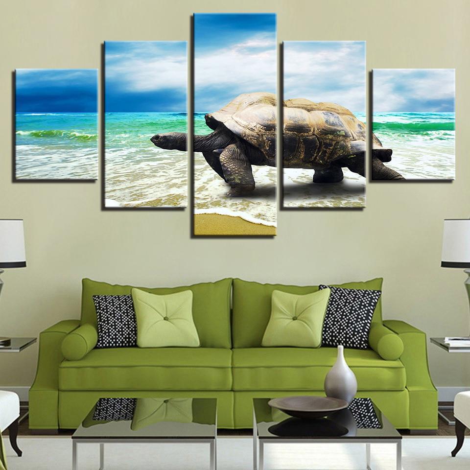 Turtle Crawling On The Beach Sea Waves – Animal Canvas Wall Art