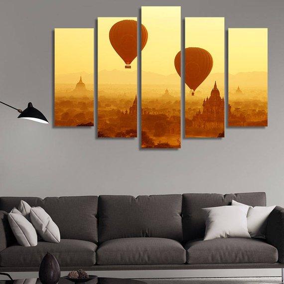 Two Air Balloons Over Buddhist Temples At Sunrise – Nature Canvas Wall Art