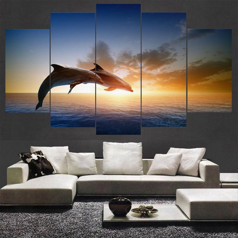 Two Dolphins Jumping Ocean – Animal Canvas Wall Art