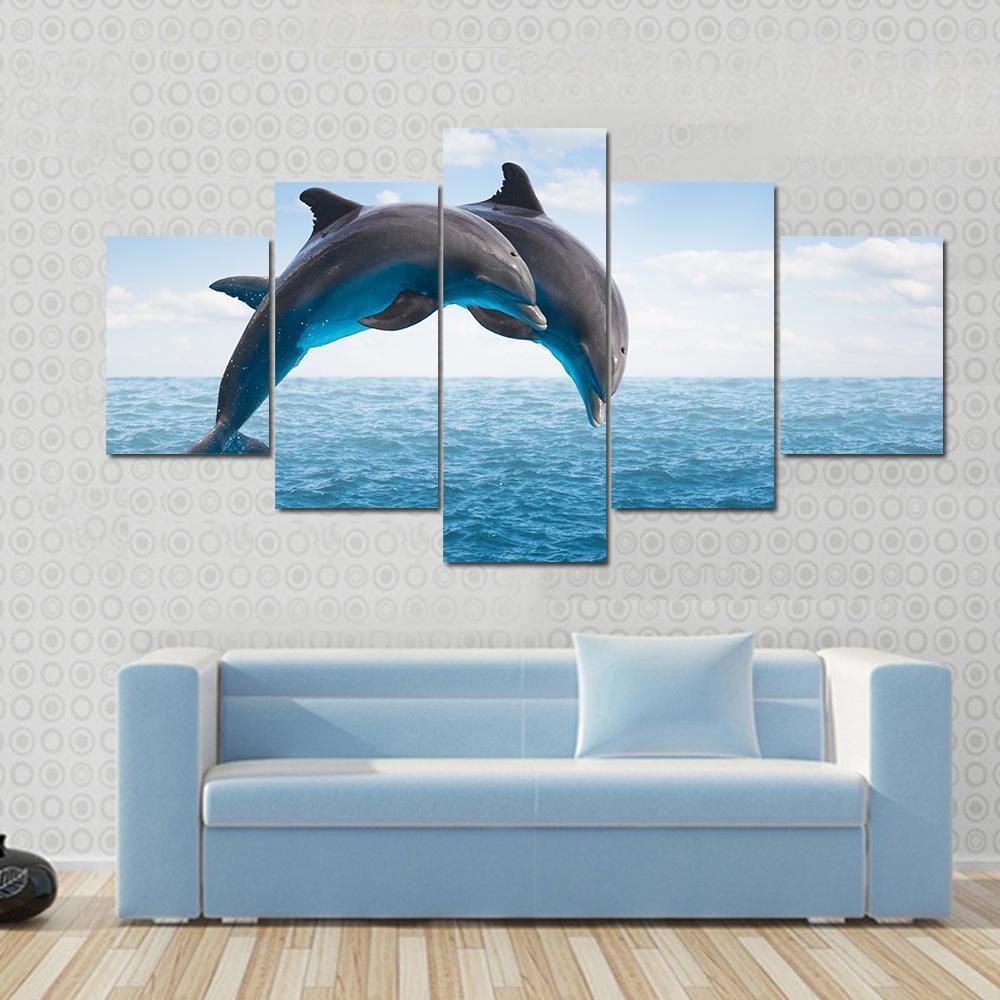 Two Jumping Dolphins Seascape With Deep Ocean Waters – Animal Canvas Wall Art
