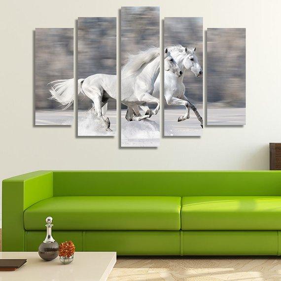 Two White Wild Horses Galloping – Animal Canvas Wall Art