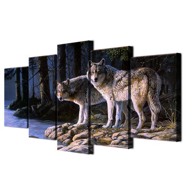 Two Wolves At Night By Water 01 – Animal Canvas Wall Art