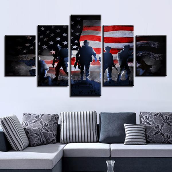Us American Flag With Soldiers Military – Army Canvas Wall Art