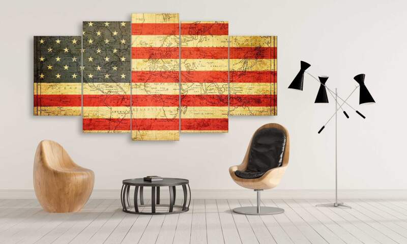 Usa Flag Overlay With Magnetic Curves World Map Canvas Wall Art