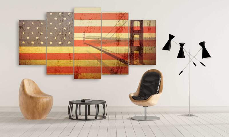 Usa Flag Overlay With Shades Of Golden Gate Bridge – Nature Canvas Wall Art