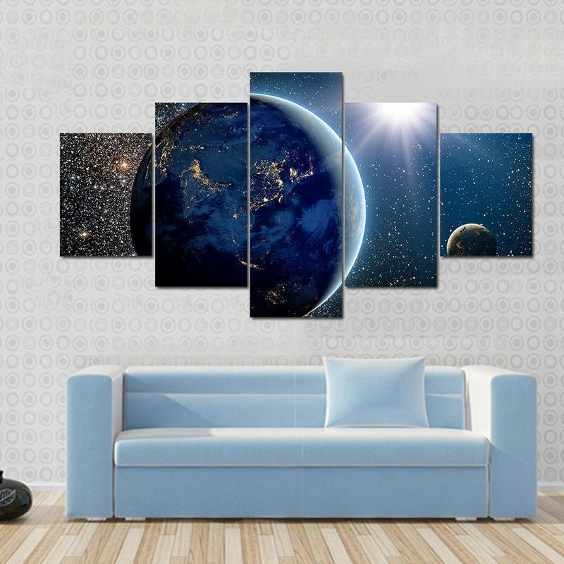 View Of Earth, Sun And Moon – Space Canvas Wall Art