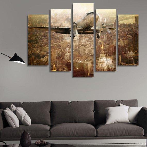 Vintage Flight Plane Flying Over Manhattan Buildings – Aircraft Canvas Wall Art